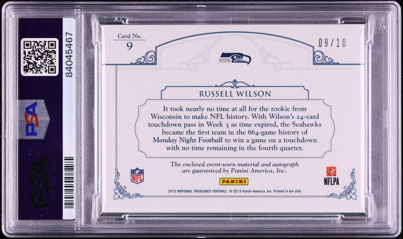 2012 National Treasures Laundry Tag Russell Wilson ROOKIE PATCH AUTO /10 PSA 9