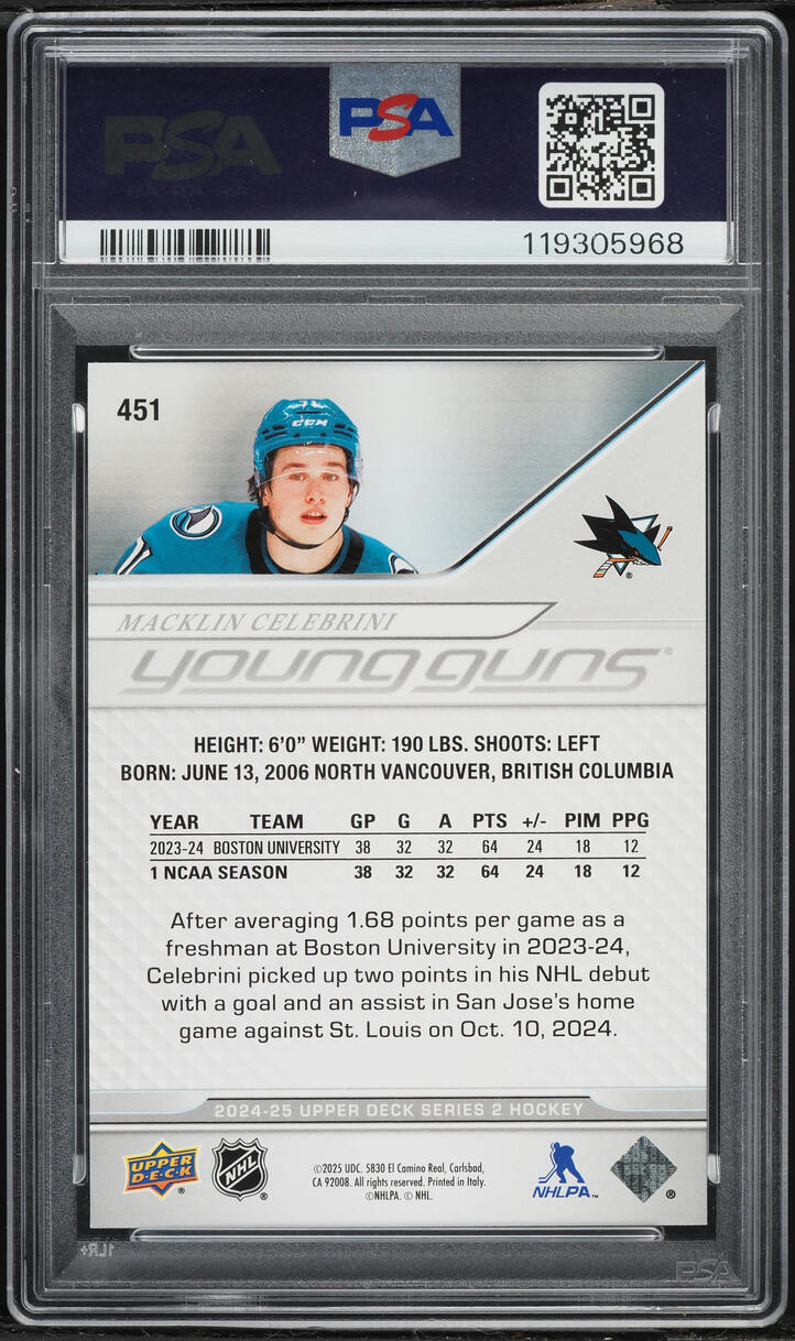 2024 Upper Deck Young Guns Macklin Celebrini ROOKIE #451 PSA 10 GEM MINT