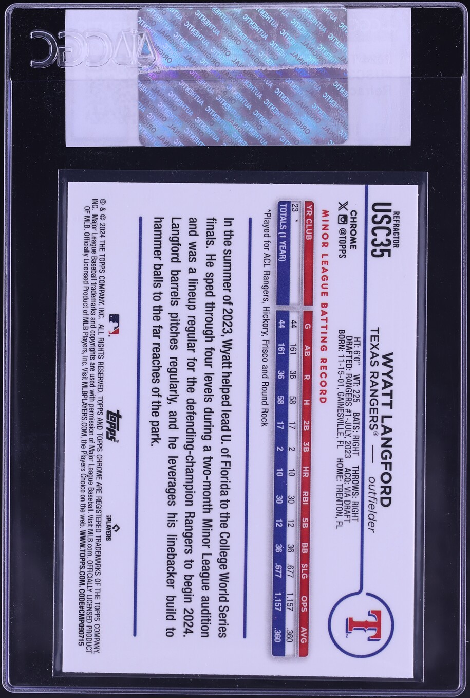 2024 Topps Chrome Update Refractor Wyatt Langford ROOKIE #USC35 CGC AUTH