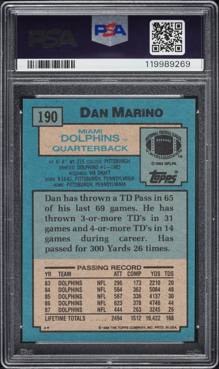 1988 Topps Football Dan Marino #190 PSA 9 MINT