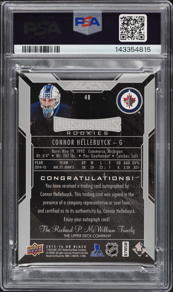 2015 Upper Deck Black Connor Hellebuyck ROOKIE AUTO /299 #48 PSA AUTH