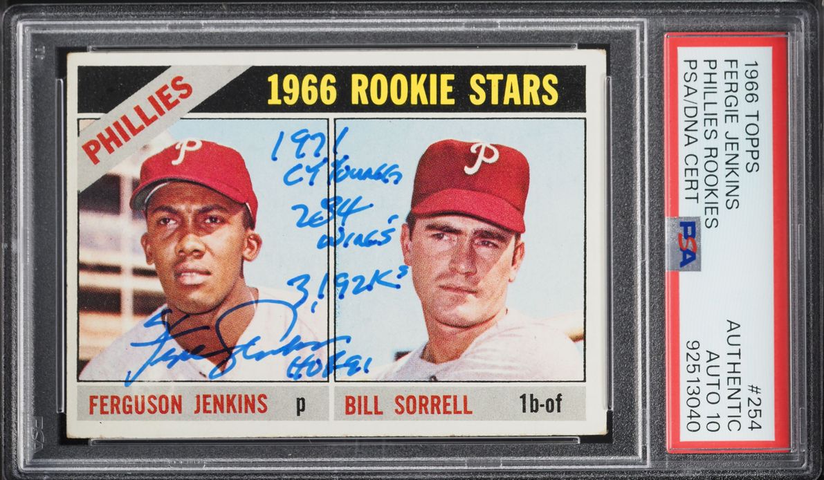 1966 Topps Phillies Fergie Jenkins ROOKIE AUTO DNA 10 #254 PSA AUTH