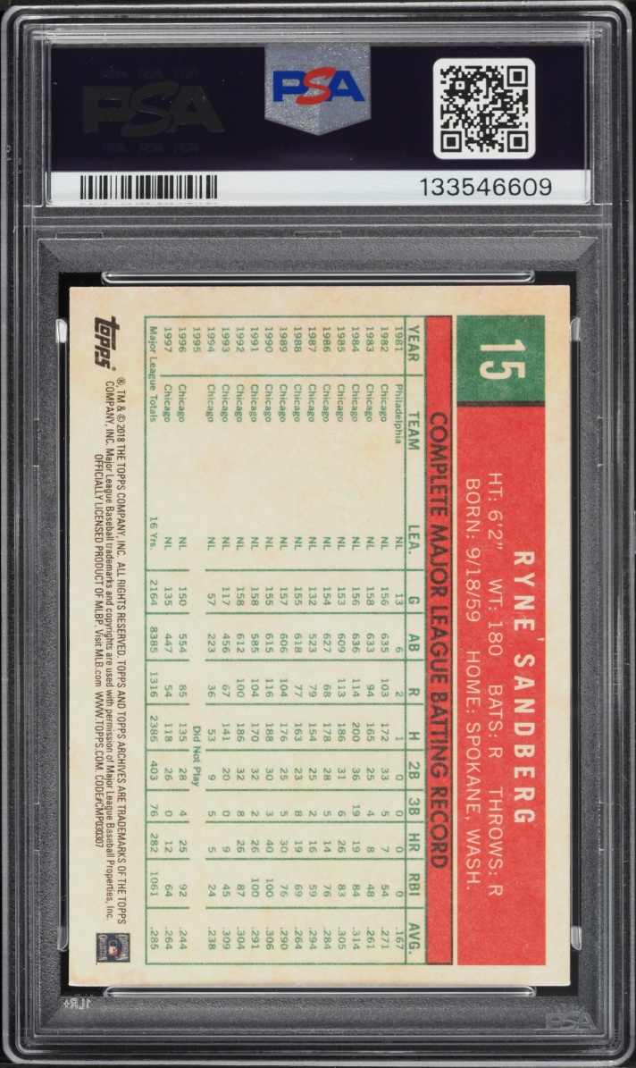 2024 Topps Archives Series '18 Ryne Sandberg AUTO DNA 8 1/1 #15 PSA AUTH