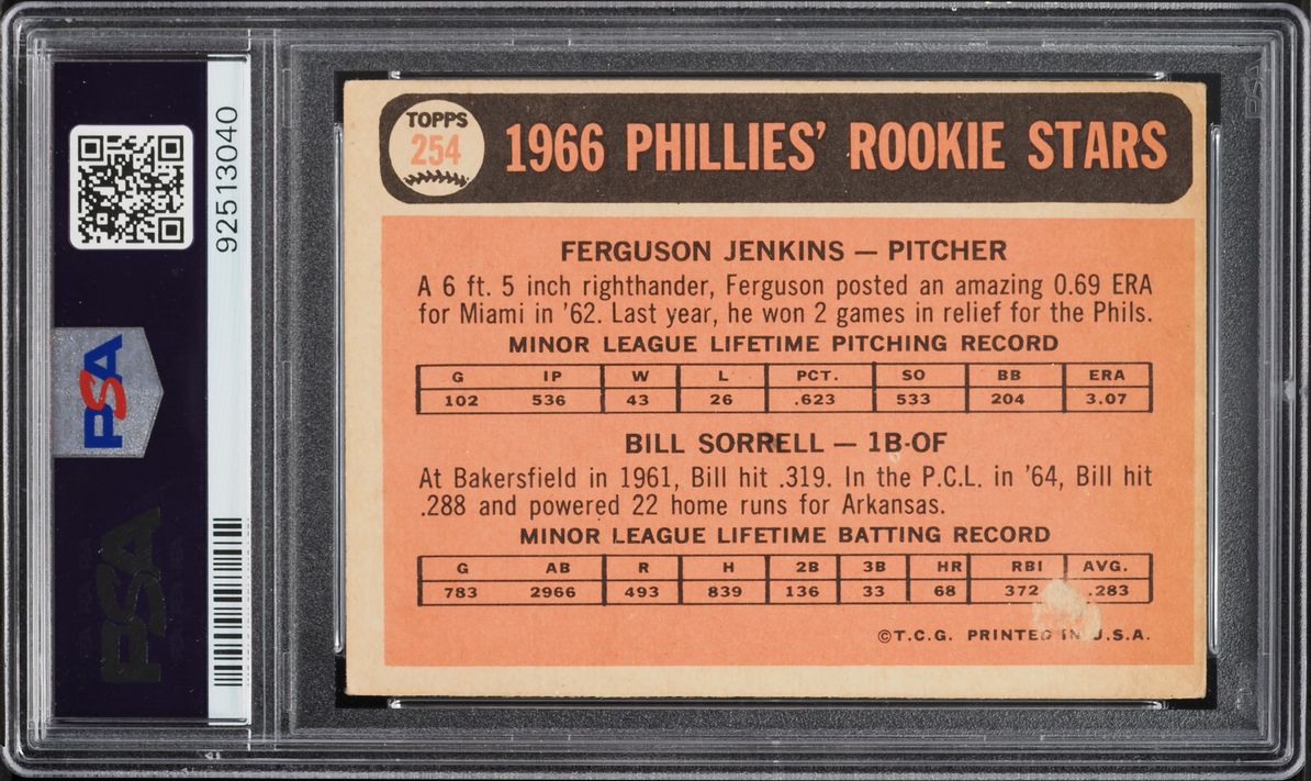1966 Topps Phillies Fergie Jenkins ROOKIE AUTO DNA 10 #254 PSA AUTH