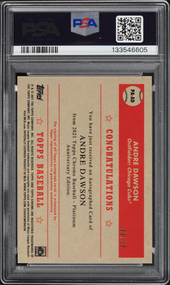 2021 Topps Chrome Platinum Anniversary Black Refractor Andre Dawson AUTO DNA 10 /10 PSA AUTH