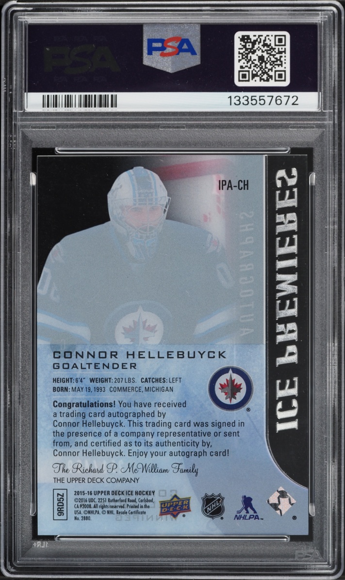 2015 Upper Deck Ice Premieres Connor Hellebuyck ROOKIE AUTO /499 #IPA-CH PSA AUTH