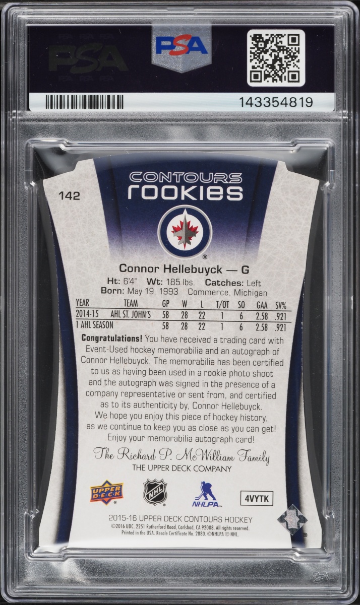 2015 Upper Deck Contours Connor Hellebuyck ROOKIE PATCH AUTO /35 #142 PSA AUTH
