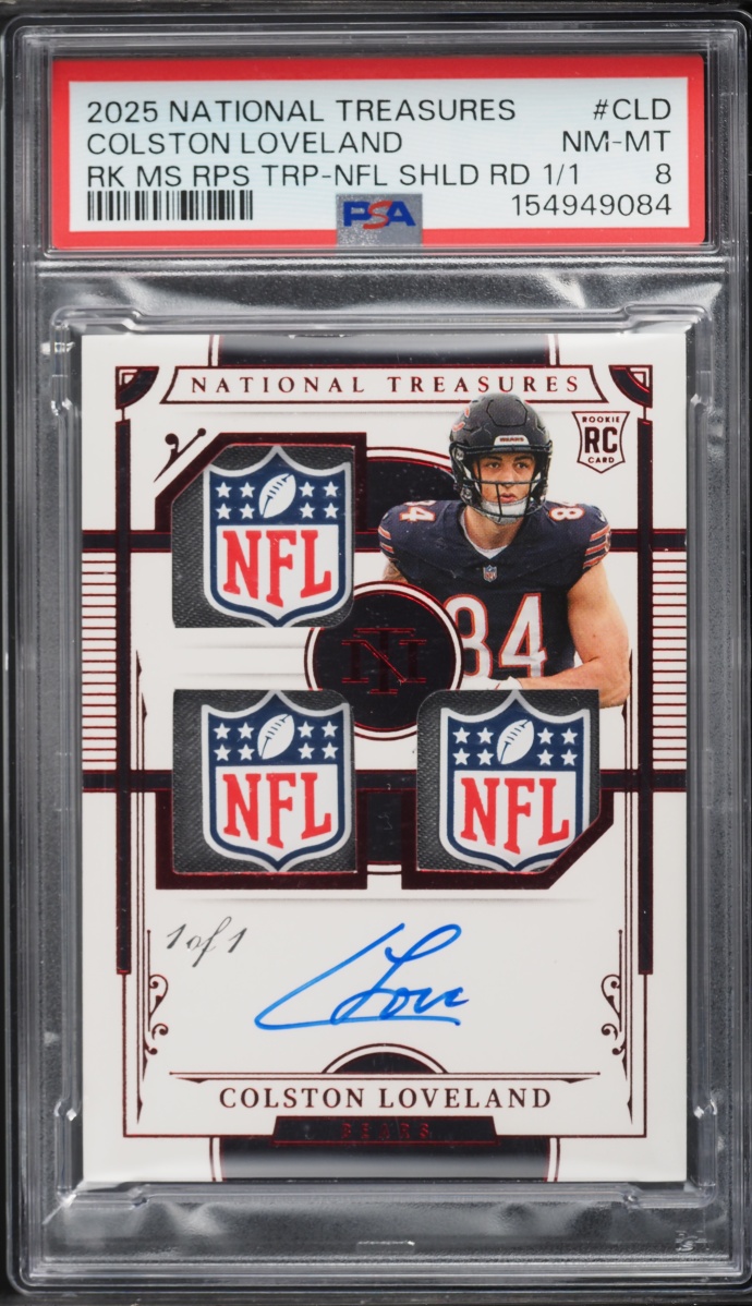 2025 National Treasures  Triple NFL Shield Colston Loveland ROOKIE PATCH AUTO 1/1 PSA 8 NM-MT