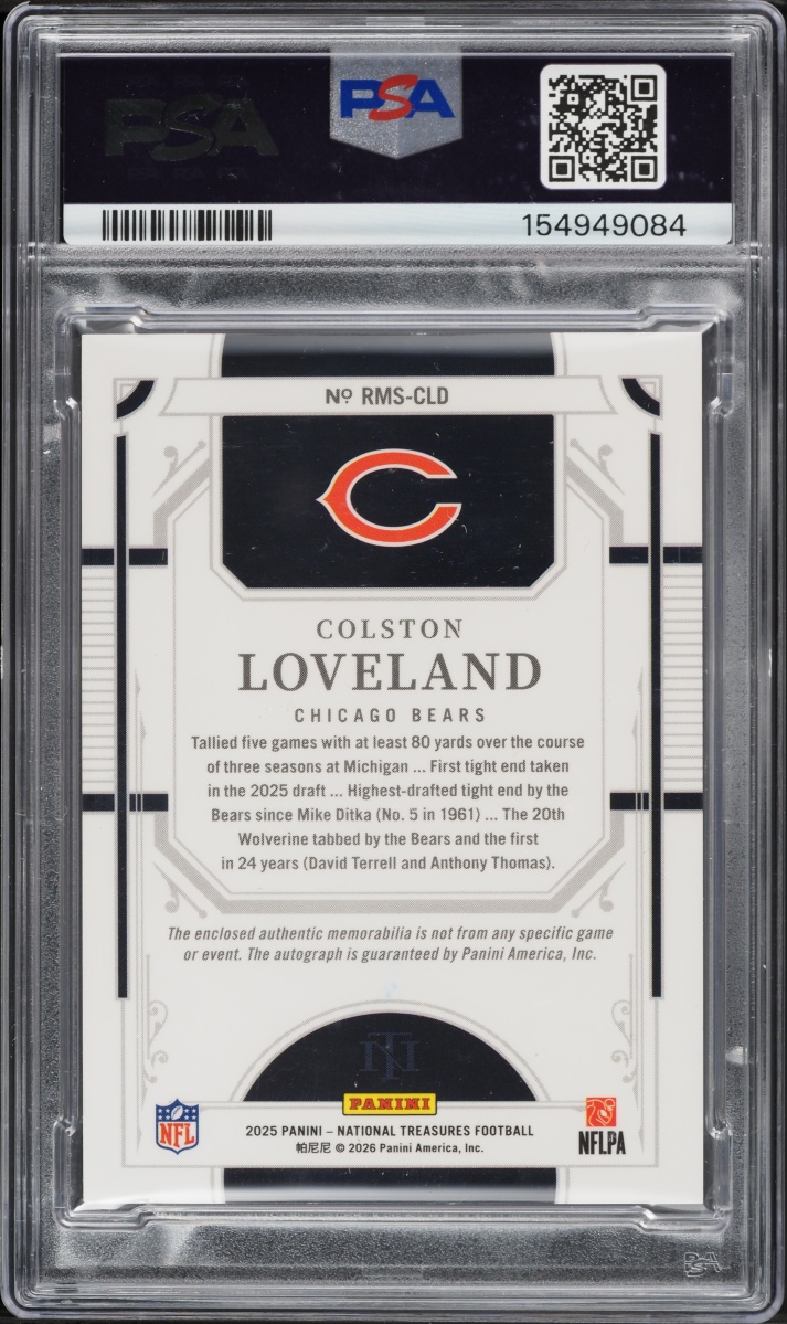 2025 National Treasures  Triple NFL Shield Colston Loveland ROOKIE PATCH AUTO 1/1 PSA 8 NM-MT