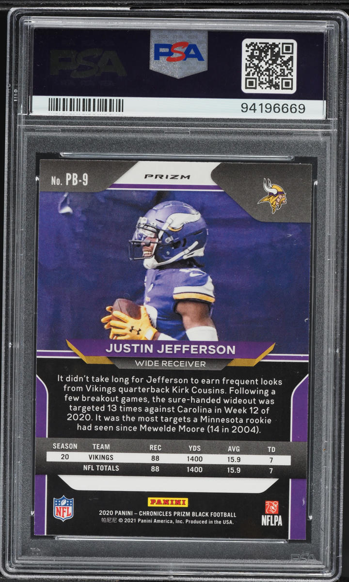 2020 Panini Chronicles Prizm Black Silver Justin Jefferson ROOKIE #PB-9 PSA 9 MINT