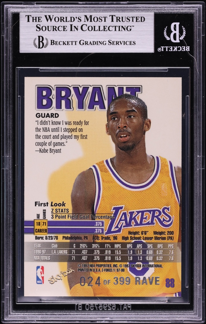 1997 Skybox Z-Force Rave Kobe Bryant /399 #88 BGS 9 MINT