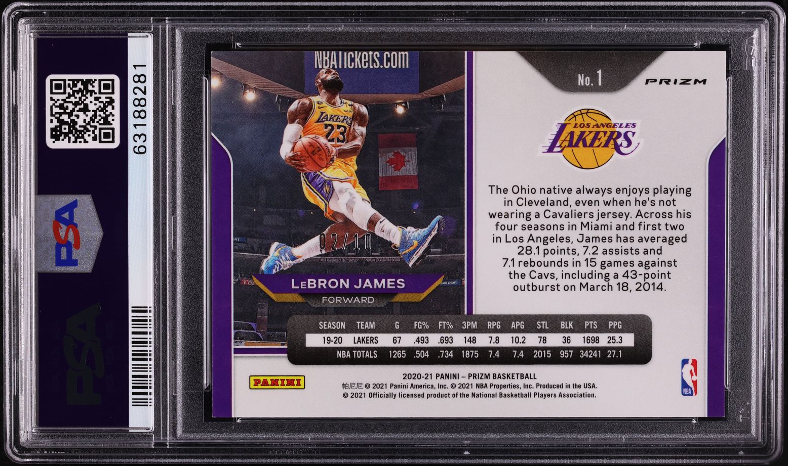2020 Panini Prizm Gold LeBron James /10 #1 PSA 8 NM-MT