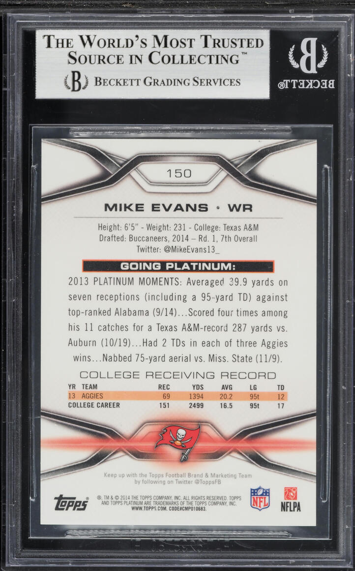 2014 Topps Platinum Gold Refractor Mike Evans ROOKIE /50 #150 BGS 9 MINT