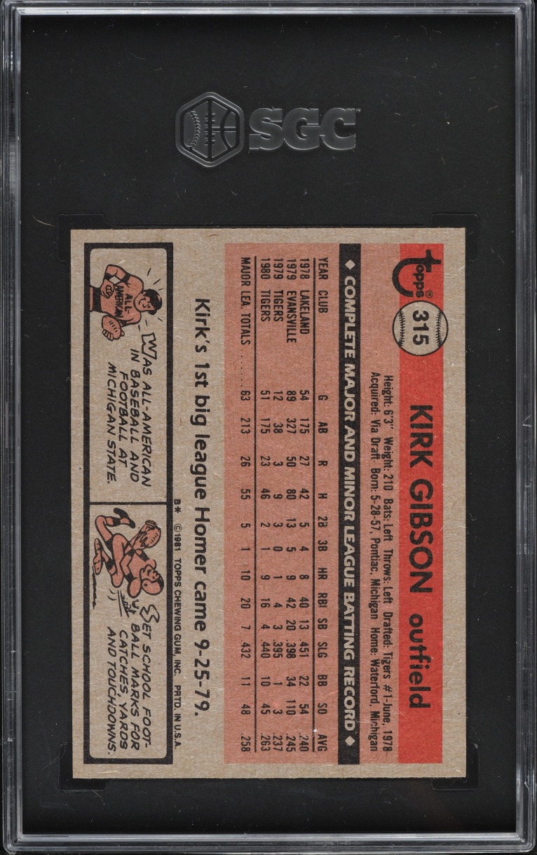 1981 Topps Kirk Gibson ROOKIE #315 SGC 4 VGEX