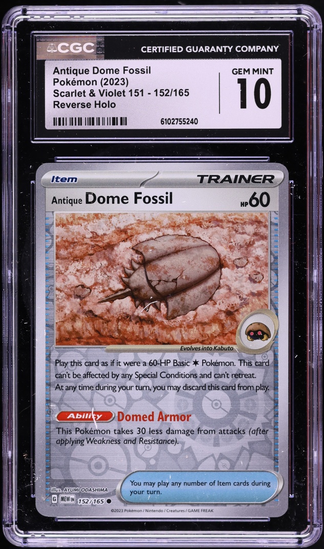 2023 Pokemon Scarlet & Violet 151 Reverse Holo Antique Dome Fossil #152 CGC 10 GEM MINT
