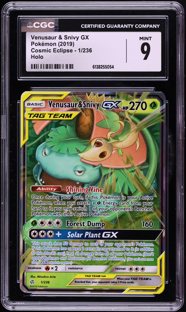 2019 Pokemon Sun & Moon Cosmic Eclipse Full Art Venusaur & Snivy GX #1 CGC 9 MINT