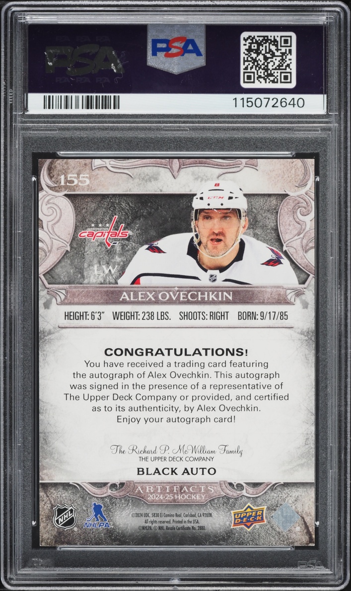 2024 Upper Deck Artifacts Black Alex Ovechkin AUTO 1/5 #155 PSA 9 MINT