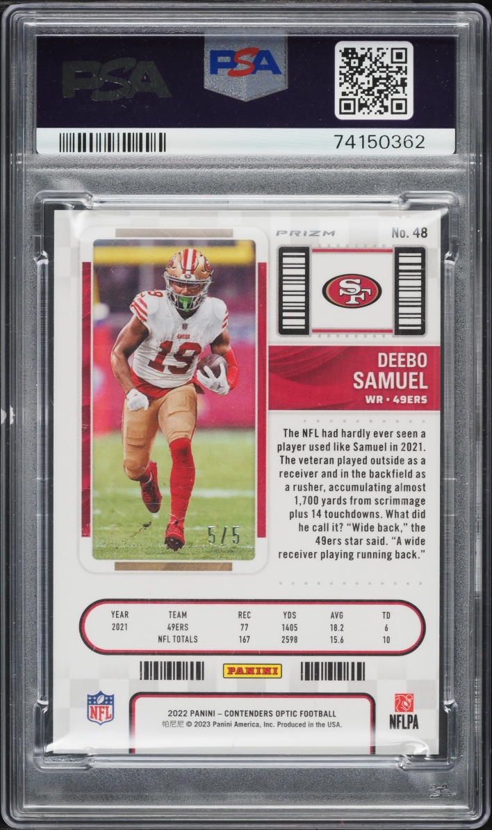 2022 Panini Contenders Optic Black Pulsar Deebo Samuel 5/5 #48 PSA 10 GEM MINT - Photo 2