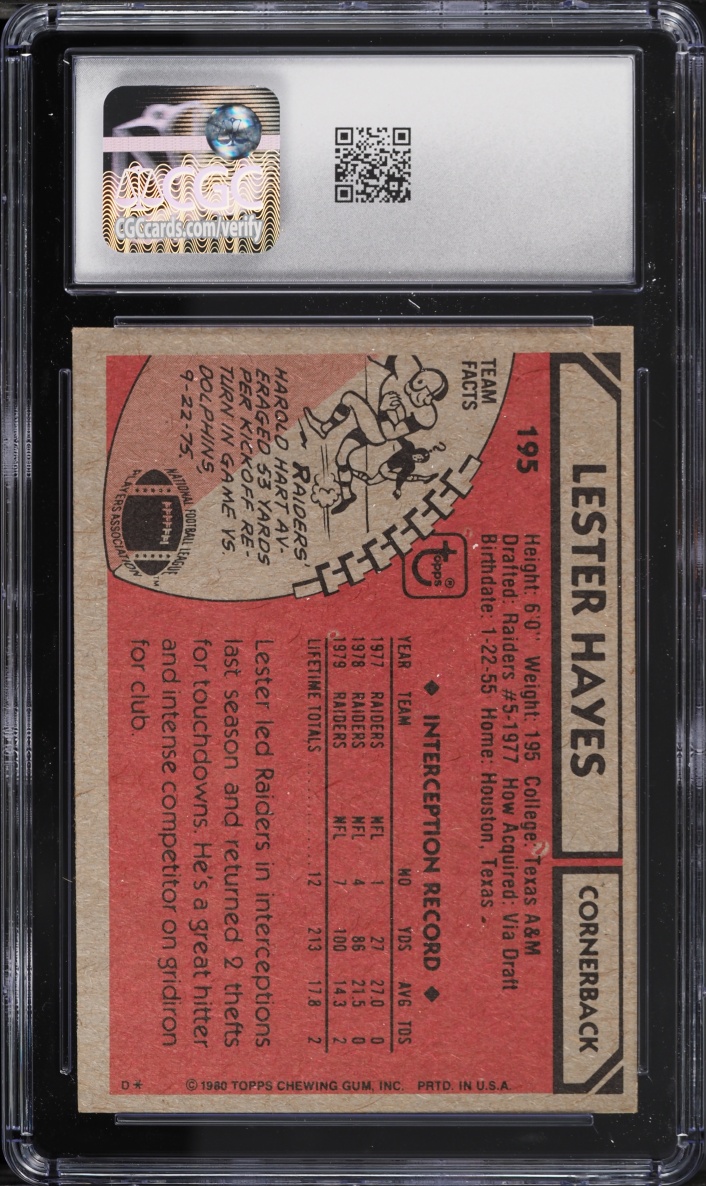 1980 Topps Football Lester Hayes ROOKIE #195 CGC 8 NM-MT