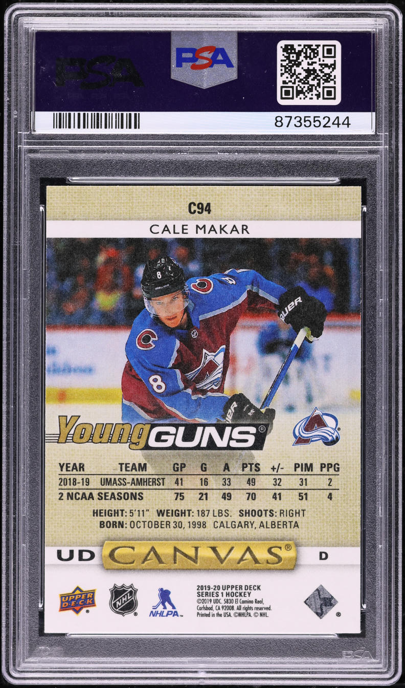 2019 Upper Deck Canvas Young Guns Cale Makar ROOKIE #C94 PSA 9 MINT