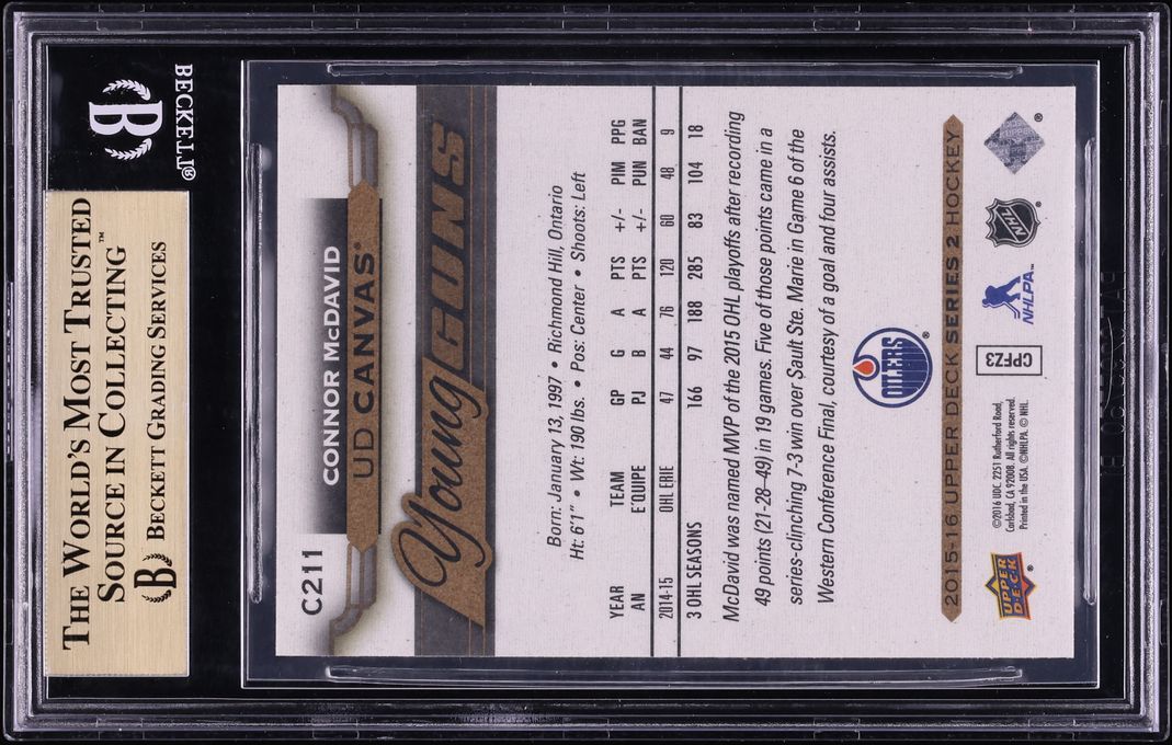 2015 Upper Deck Canvas Young Guns Connor McDavid ROOKIE #C211 BGS 10 PRISTINE