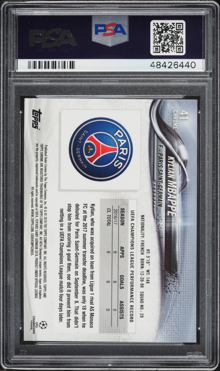 2017 Topps Chrome UEFA Kylian Mbappe ROOKIE #41 PSA 10 GEM MINT