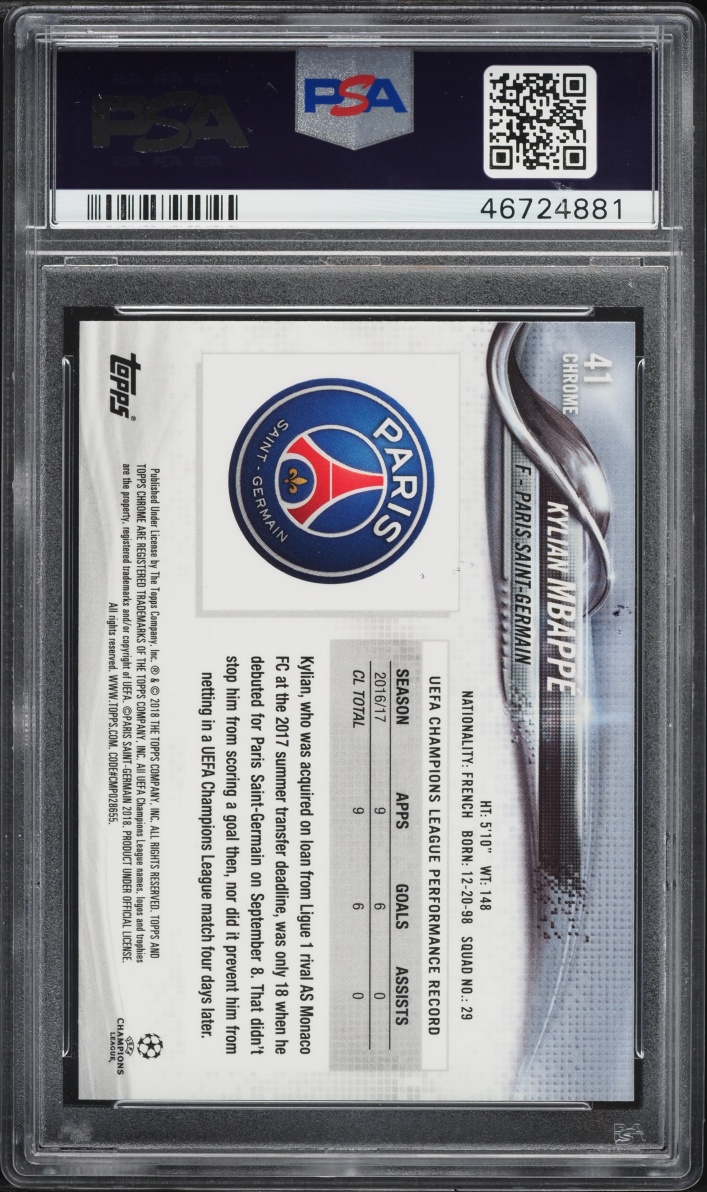 2017 Topps Chrome UEFA Kylian Mbappe ROOKIE #41 PSA 10 GEM MINT
