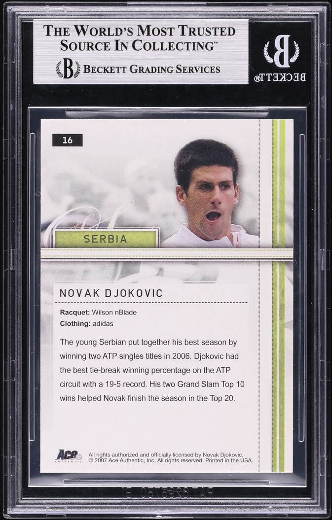 2007 Ace Authentic Straight Sets Novak Djokovic AUTO #16 BAS BGS AUTH