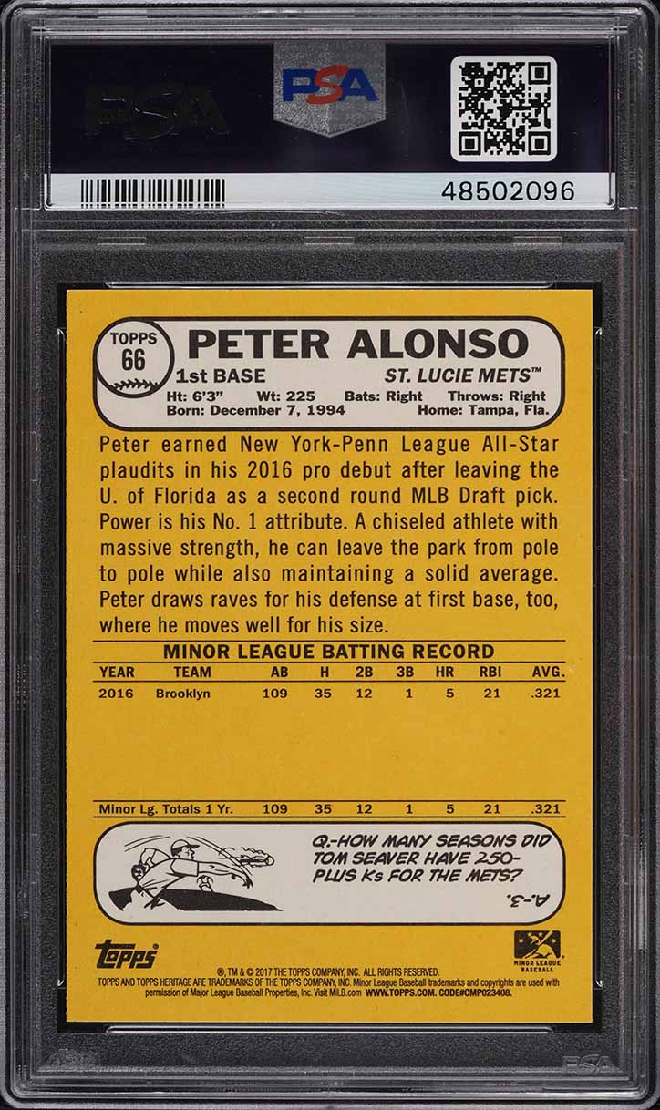 2017 Topps Heritage Minor League Peter Alonso PROSPECT #66 PSA 10 GEM MINT