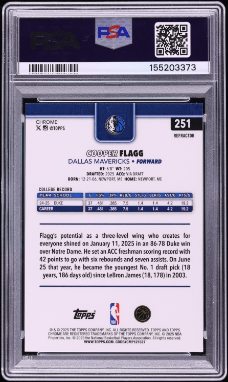 2025 Topps Chrome Refractor Cooper Flagg ROOKIE #251 PSA 9 MINT