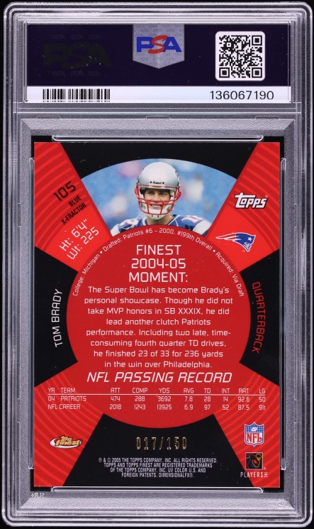 2005 Finest Blue Xfractor Tom Brady /150 #105 PSA 9 MINT