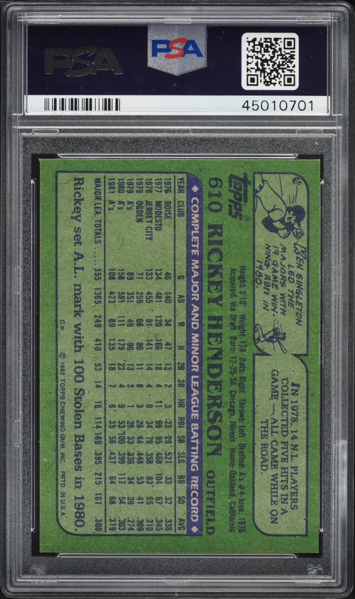1982 Topps Rickey Henderson #610 PSA 9 MINT