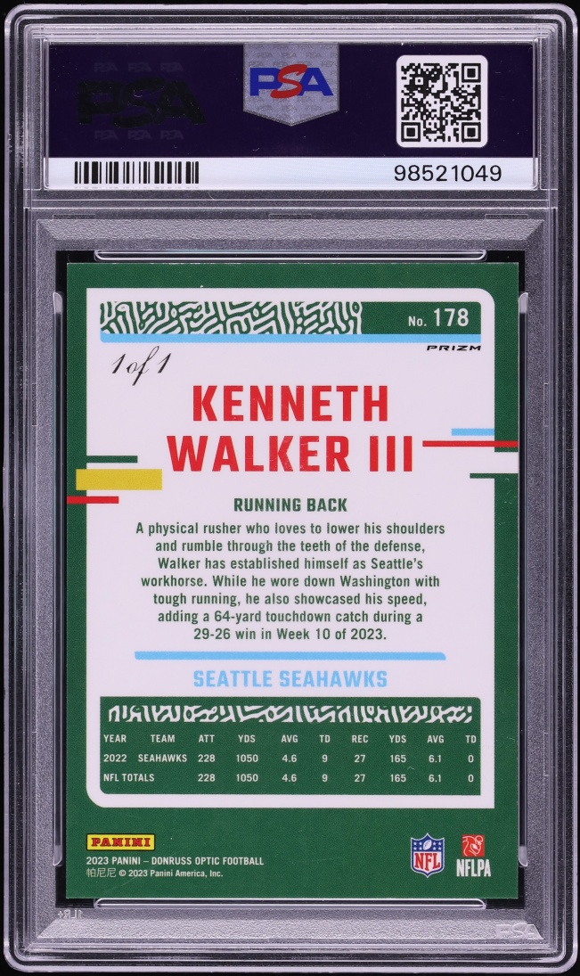 2023 Donruss Optic Gold Vinyl Kenneth Walker III 1/1 #178 PSA 9 MINT