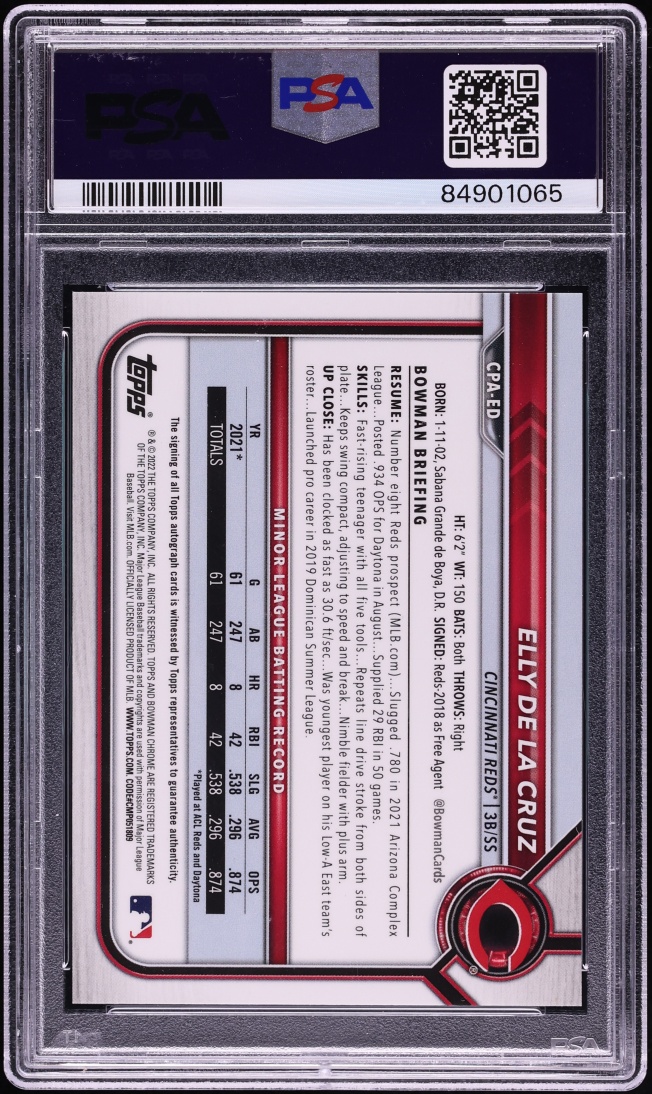 2022 Bowman Chrome Blue Refractor Elly De La Cruz PROSPECT AUTO /150 #CPA-ED PSA 10 GEM MINT