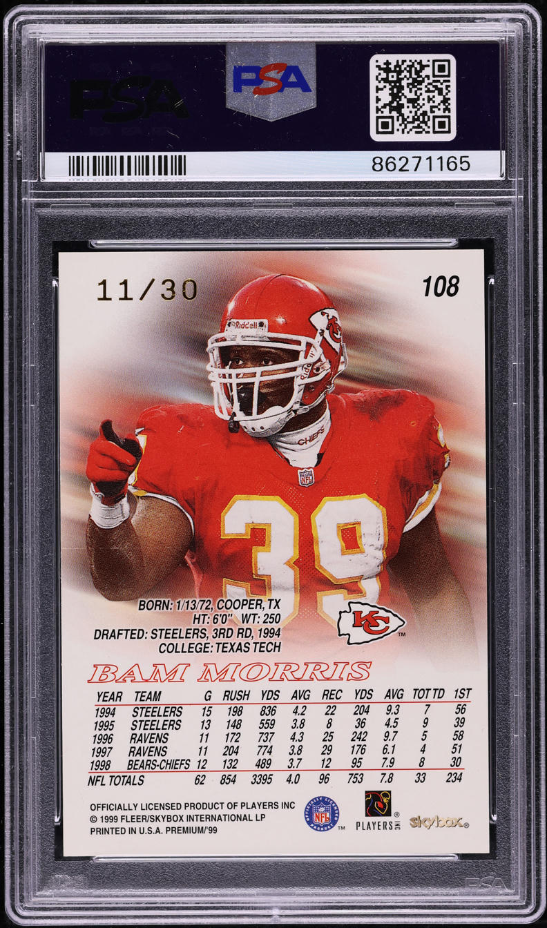 1999 Skybox Premium Shining Star Rubies Bam Morris /30 #108 PSA 8 NM-MT