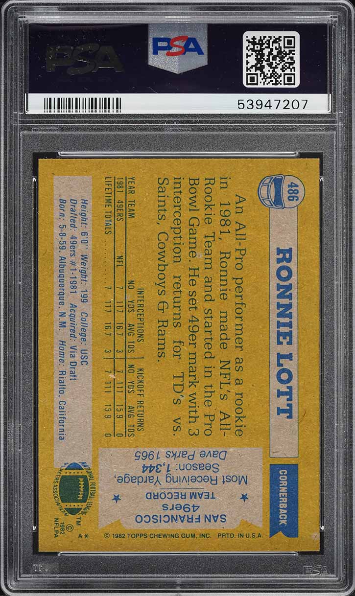 1982 Topps Football Ronnie Lott ROOKIE, ALL-PRO #486 PSA 10 GEM MINT