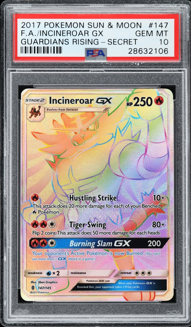 2017 Pokemon Sun & Moon Guardians Rising Rainbow Rare Incineroar GX #147 PSA 10 GEM MINT