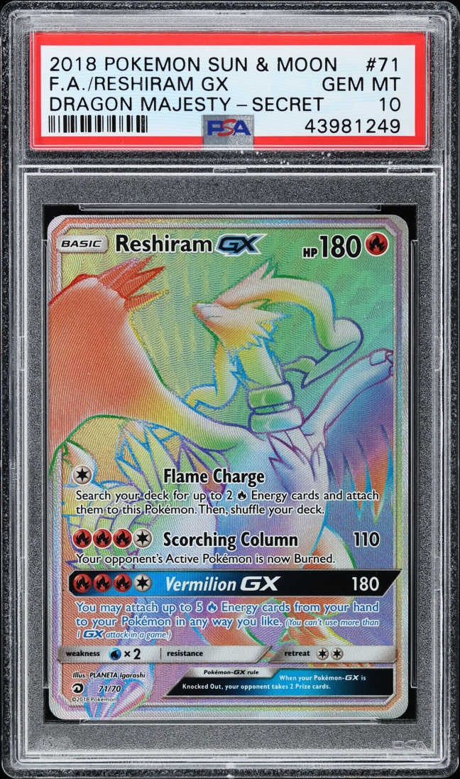2018 Pokemon Sun & Moon Dragon Majesty Rainbow Rare Reshiram GX #71 PSA 10 GEM MINT