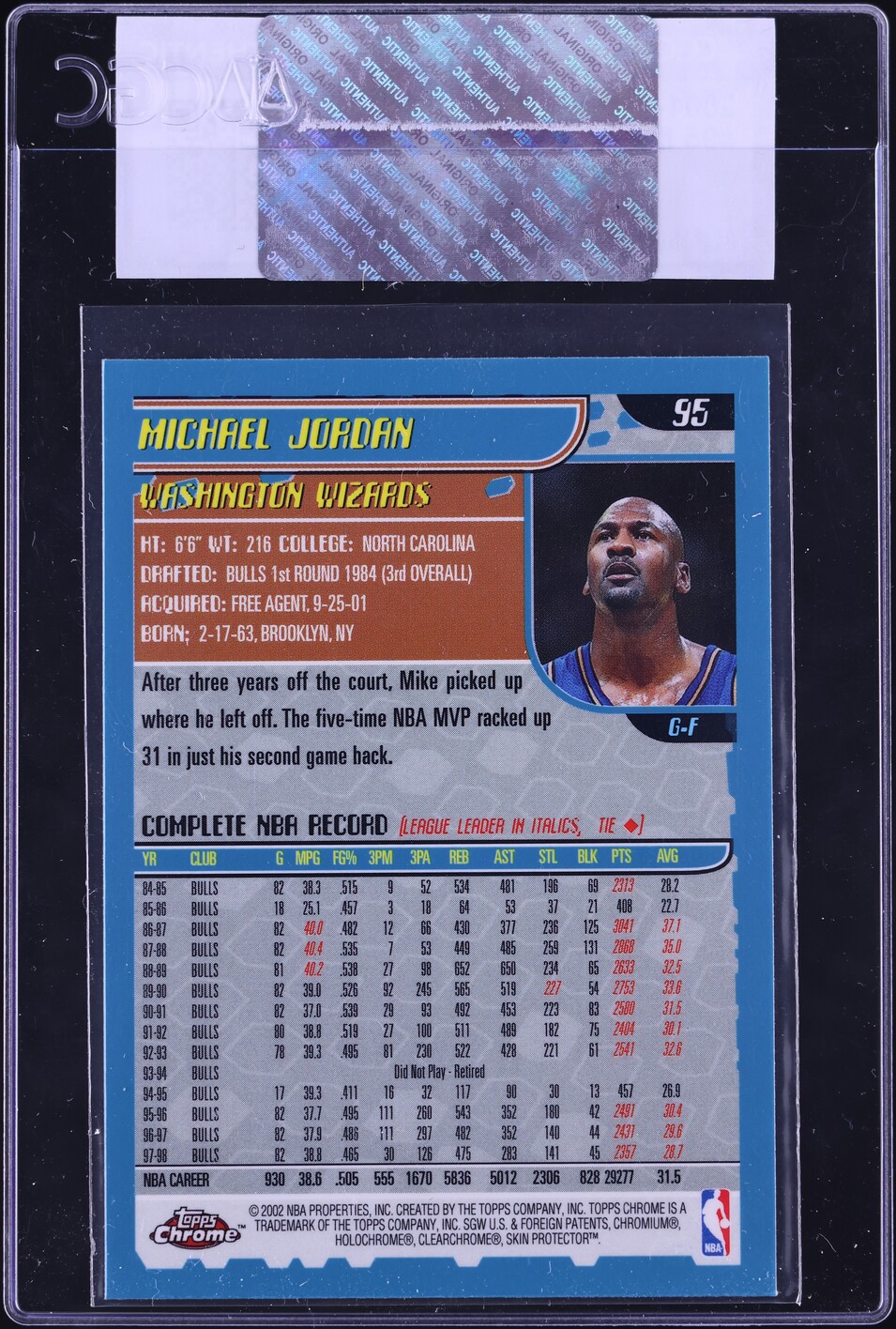 2001 Topps Chrome Basketball Michael Jordan #95 CGC AUTH