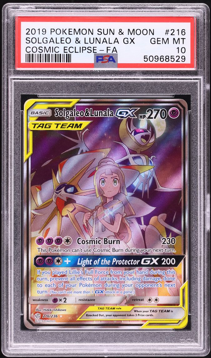 2019 Pokemon Sun & Moon Cosmic Eclipse Full Art Solgaleo & Lunala GX #216 PSA 10 GEM MINT