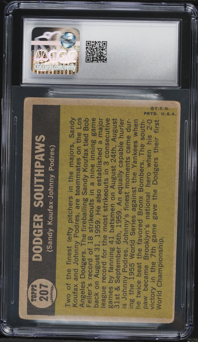 1961 Topps Sandy Koufax & Johnny Podres DODGER SOUTHPAWS #207 CGC 1.5 FR