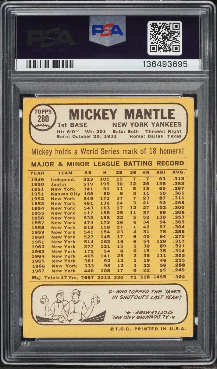 1968 Topps Mickey Mantle #280 PSA 2 GD