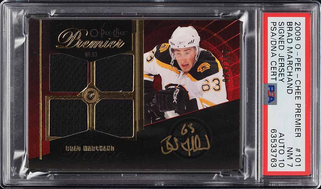 2009 O-Pee-Chee Premier Brad Marchand ROOKIE PATCH AUTO DNA 10 /299 #101 PSA 7 NRMT