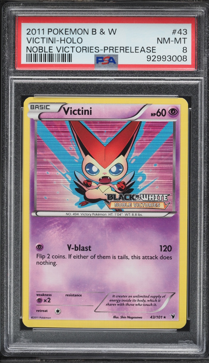 2011 Pokemon Black & White Noble Victories Prerelease Holo Victini #43 PSA 8 NM-MT