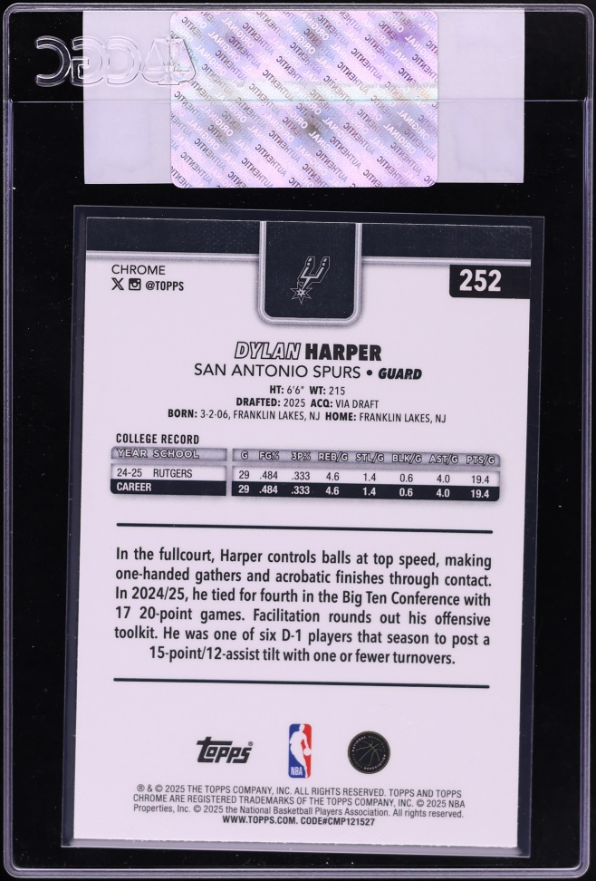 2025 Topps Chrome Dylan Harper ROOKIE #252 CGC AUTH