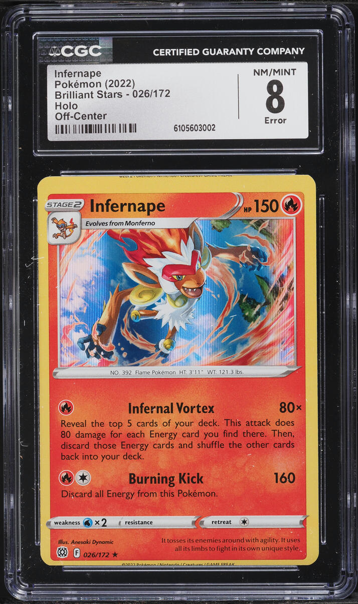 2022 Pokemon Sword & Shield Brilliant Stars Off-Center Error Holo Infernape #26 CGC 8 NM-MT
