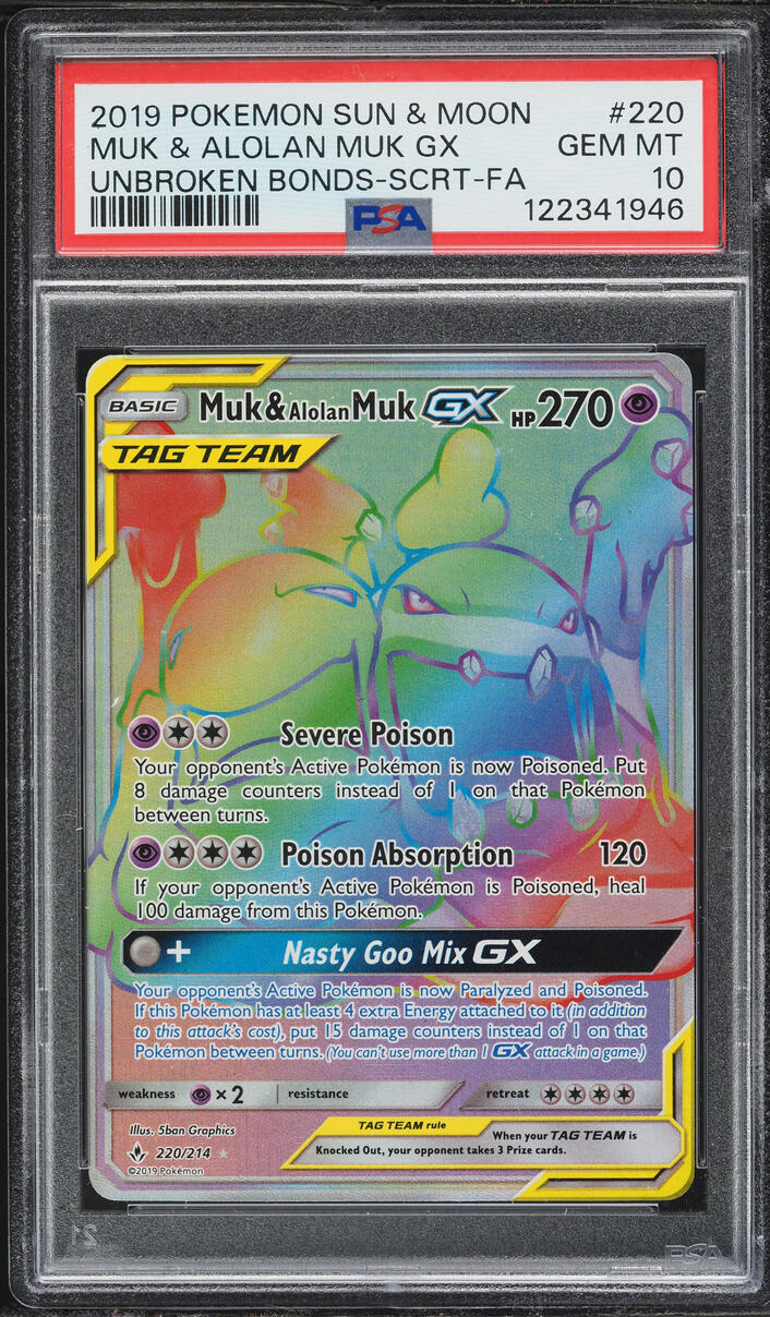 2019 Pokemon Sun & Moon Unbroken Bonds Rainbow Rare Muk & Alolan Muk GX #220 PSA 10 GEM MINT