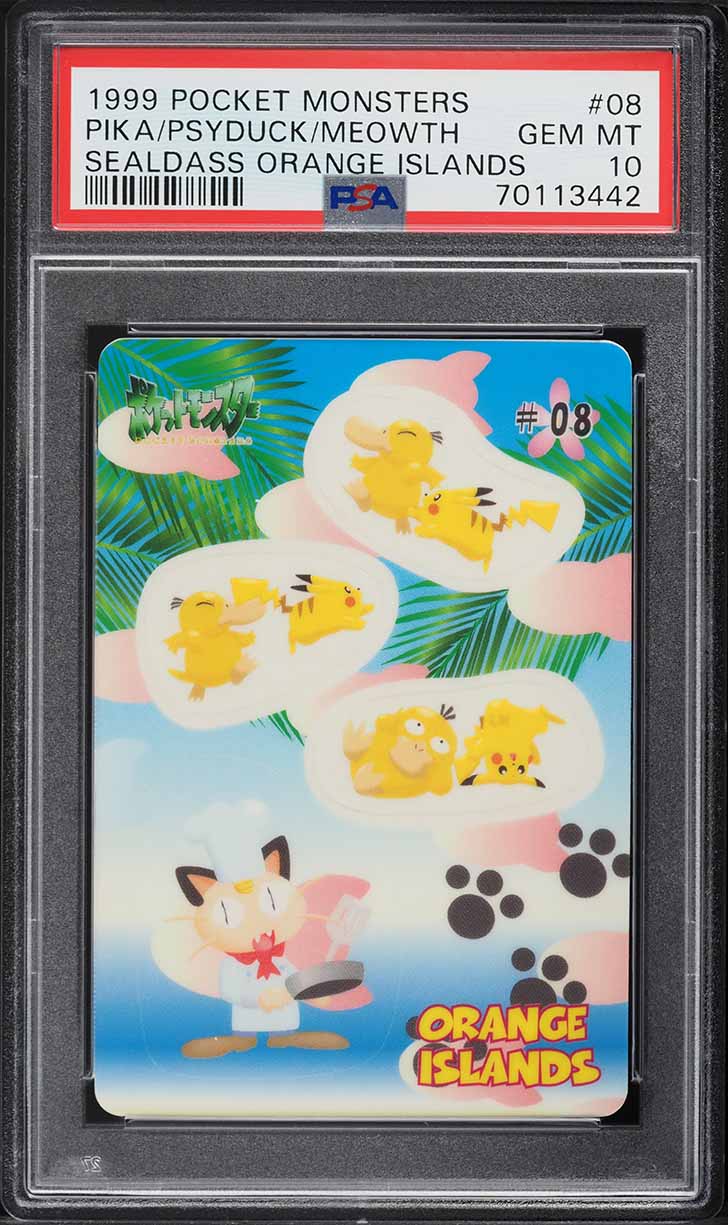 1999 Pokemon Japanese Bandai Sealdass Orange Islands Sticker Pikachu Psyduck Meowth #8 PSA 10