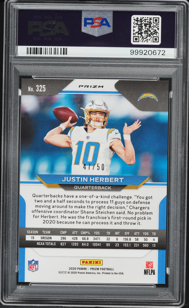 2020 Panini Prizm No Huddle Red Justin Herbert ROOKIE /50 #325 PSA 9 MINT