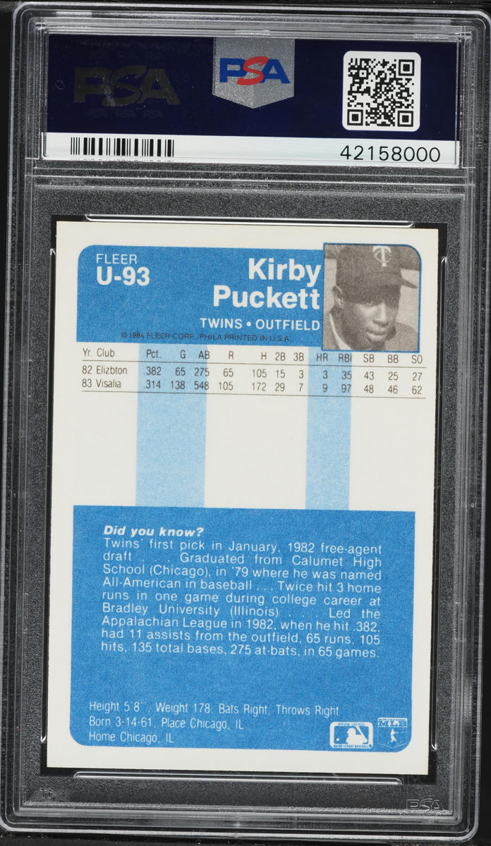 1984 Fleer Update Kirby Puckett ROOKIE #U-93 PSA 8 NM-MT